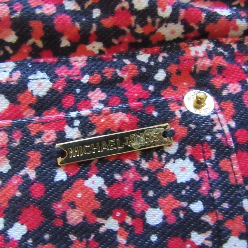 Michael Kors Ditsy Floral Leggings Pant Large Pink Blue Stretch Mid Rise Pull On